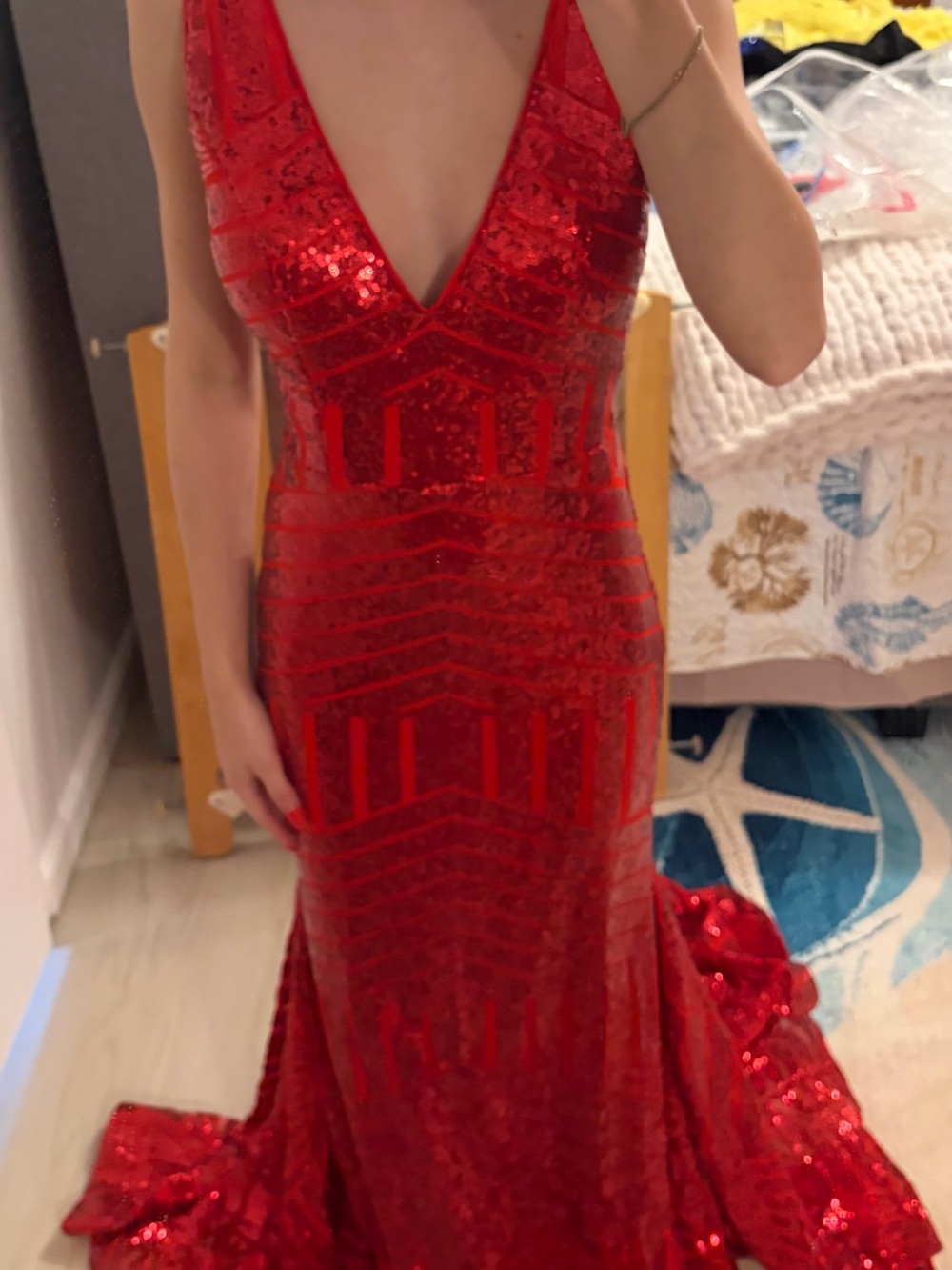 Red Sequin V-Neck Mermaid Gown